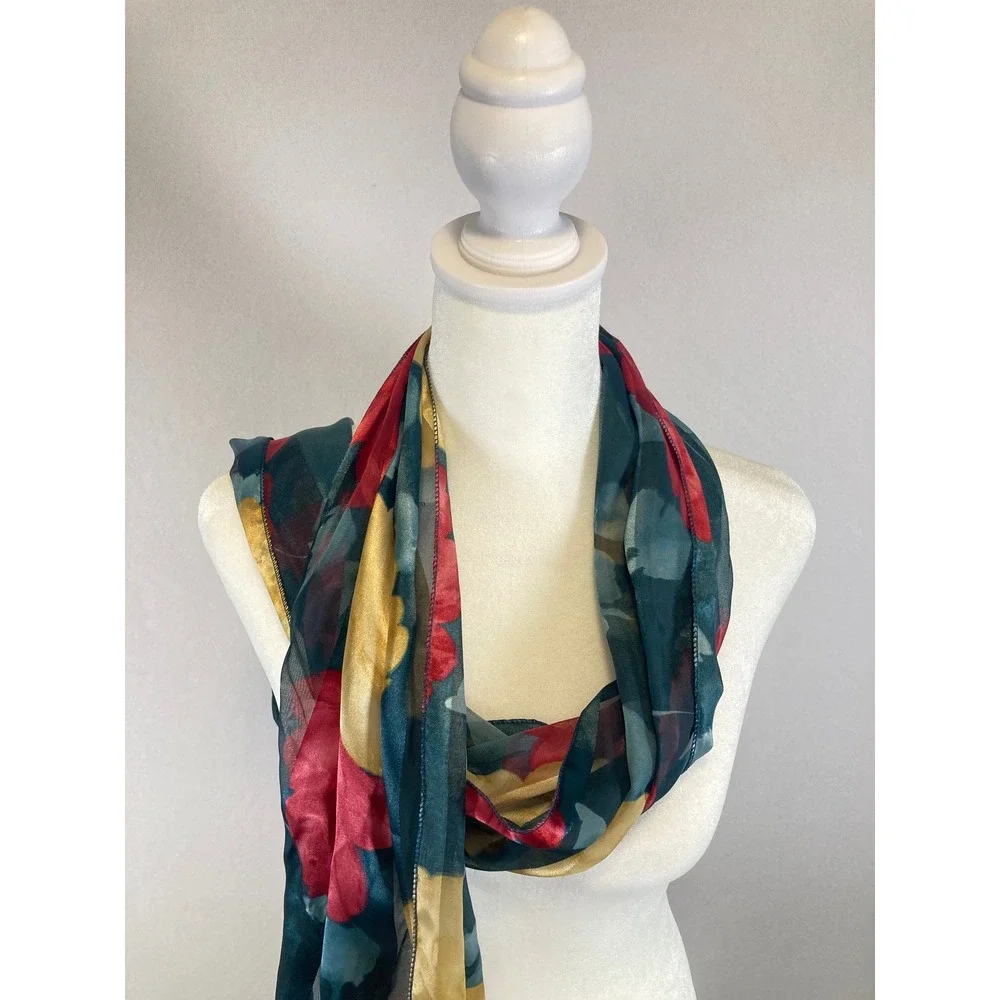 Romantic Floral‎ Unbranded Women Teal Red Yellow Sheer Chiffon Style Scarf Wrap